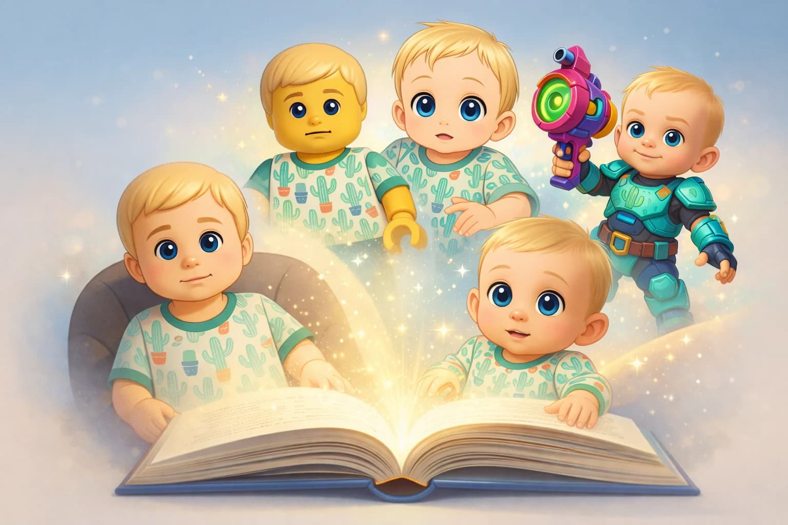 Children transformed into magical storybook characters - emerging from a glowing bedtime storybook